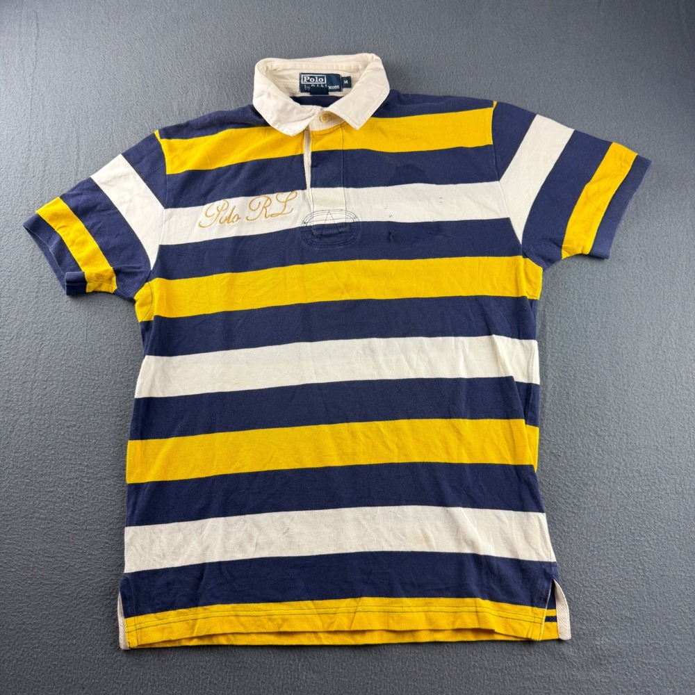 Vintage Polo Ralph Lauren Shirt Men's M Blue Yellow Script Spellout Rugby Y2K